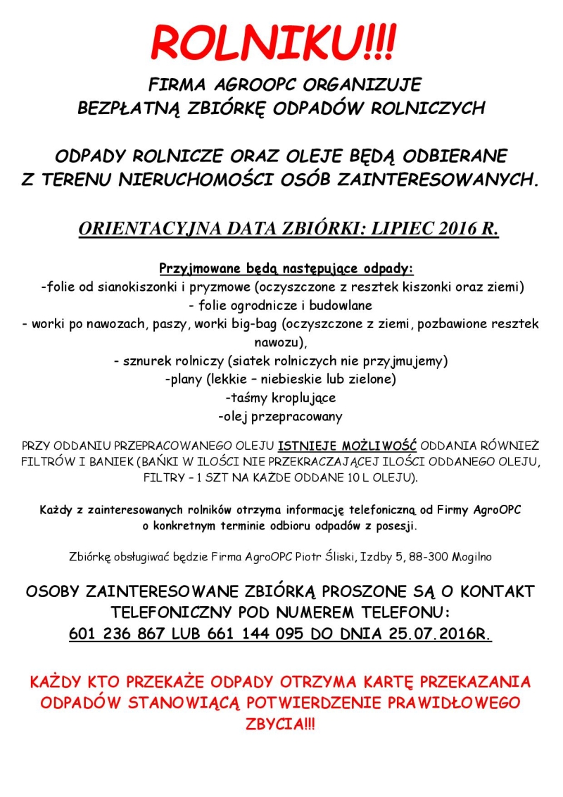Bezpłatna zbiórka odpadów rolniczych
