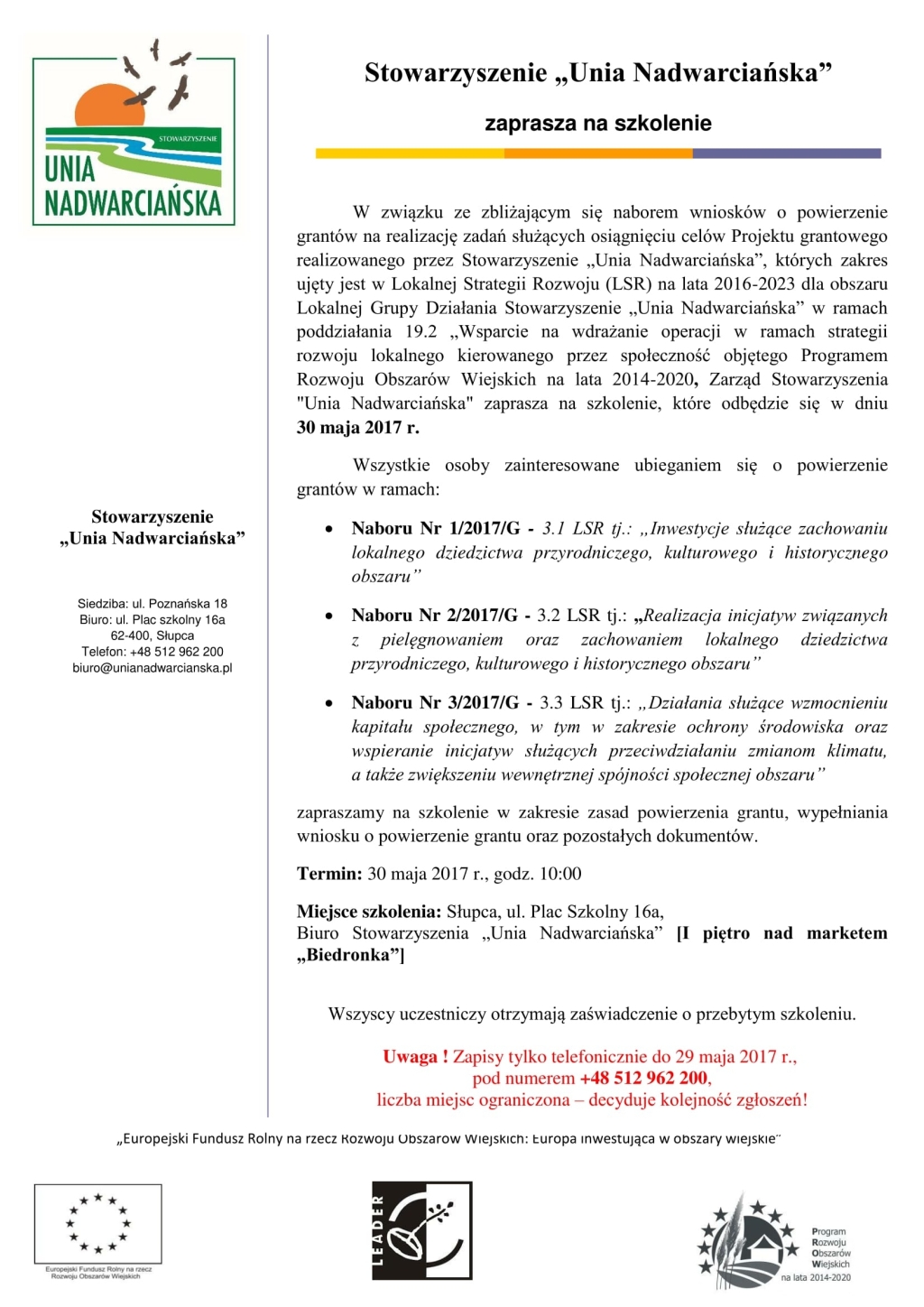 Szkolenie w ramach naboru wniosków o powierzenie grantów