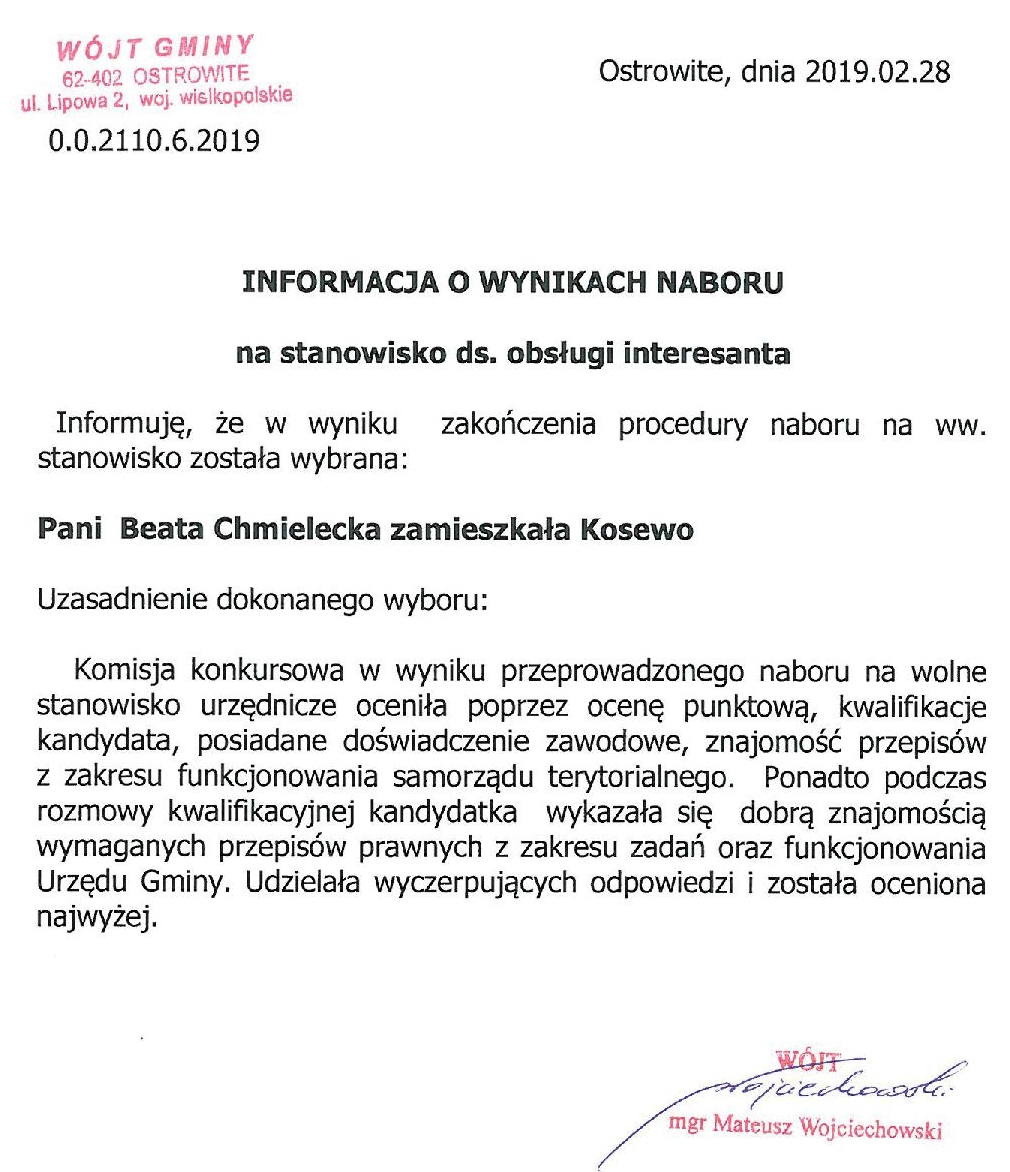 Informacja o wynikach naboru