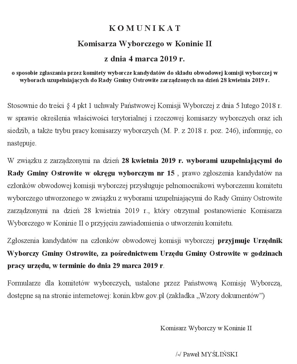 Komunikat Komisarza Wyborczego w Koninie