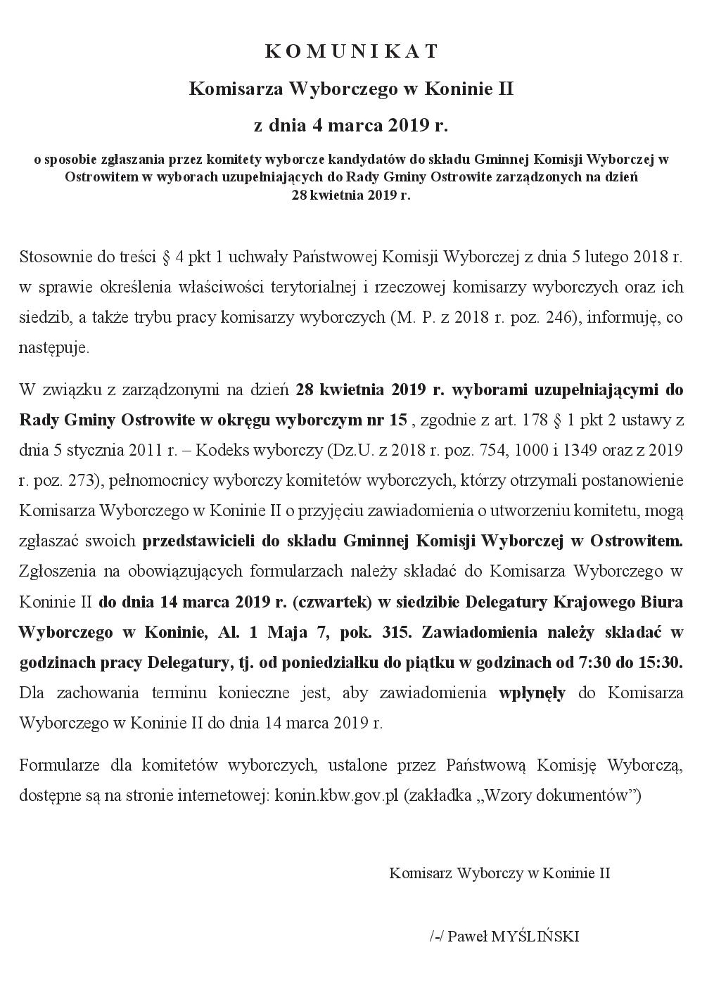 Komunikat Komisarza Wyborczego w Koninie