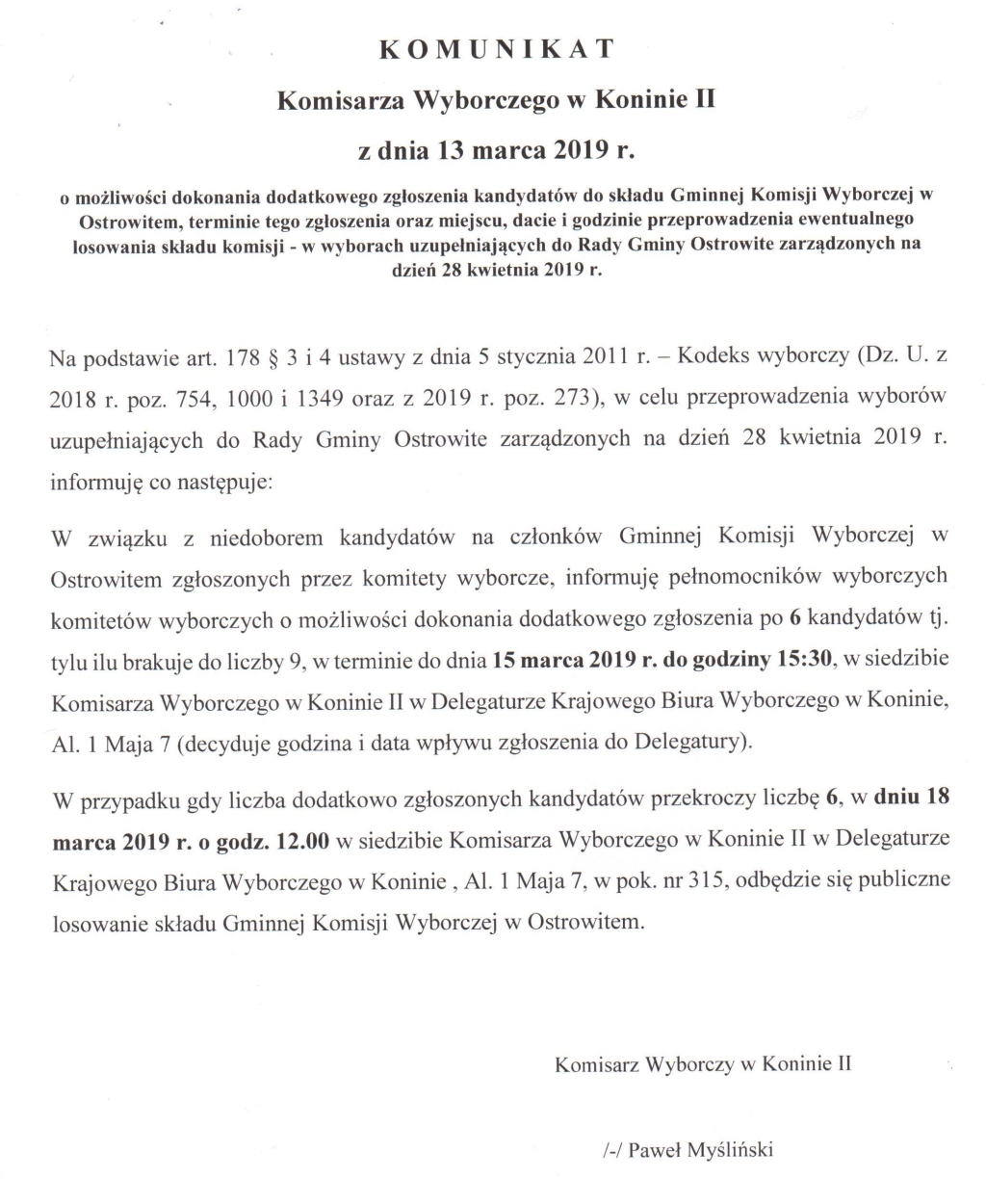 Komunikat Komisarza Wyborczego w Koninie