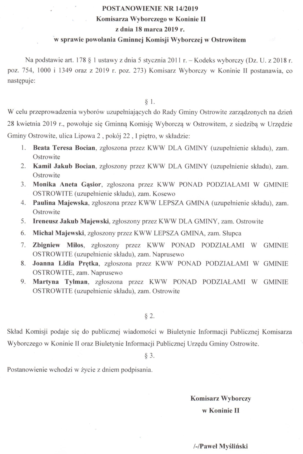 Postanowienie Komisarza Wyborczego