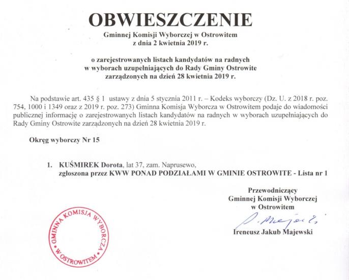 Obwieszczenie o zarejestrowanych listach kandydatów