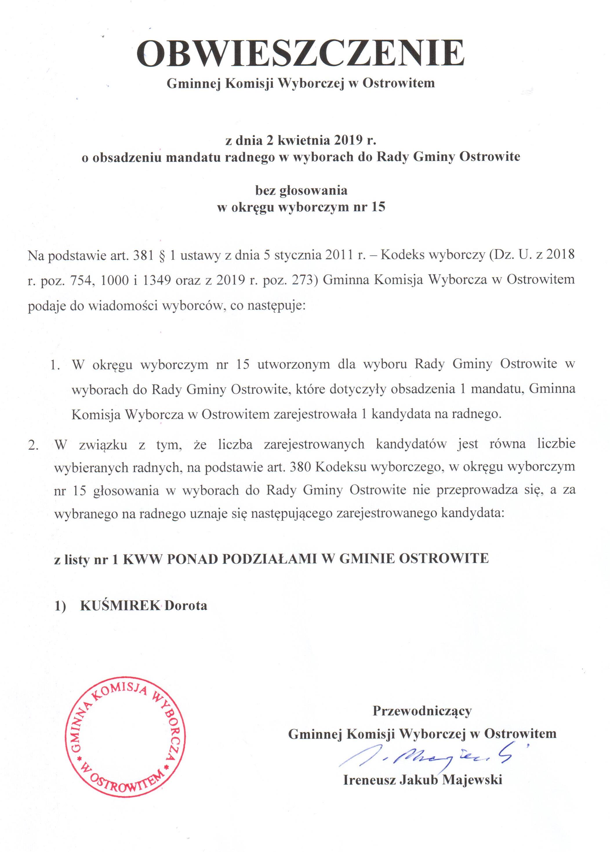 Obsadzenie mandatu radnego bez głosowania