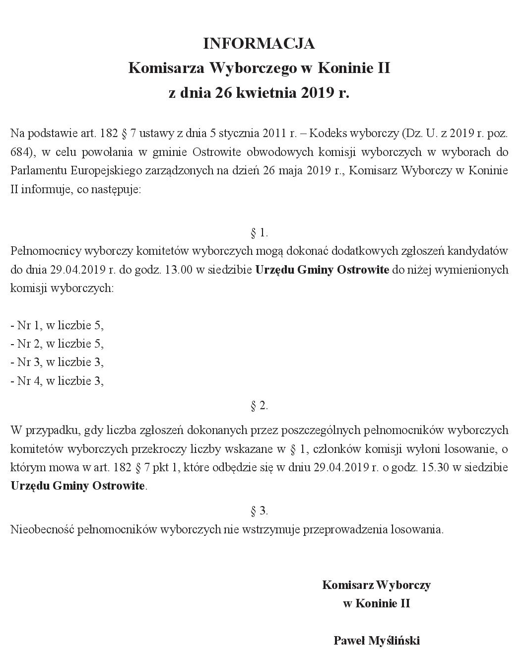 Informacja Komisarza Wyborczego w Koninie
