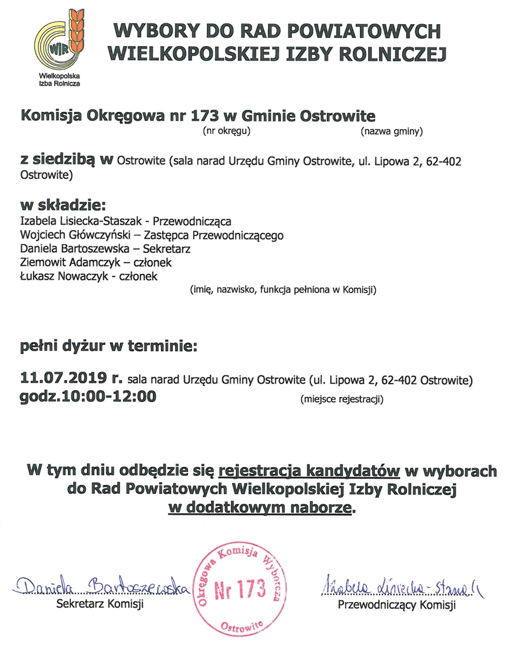 Wybory do WIR - dodatkowy nabór