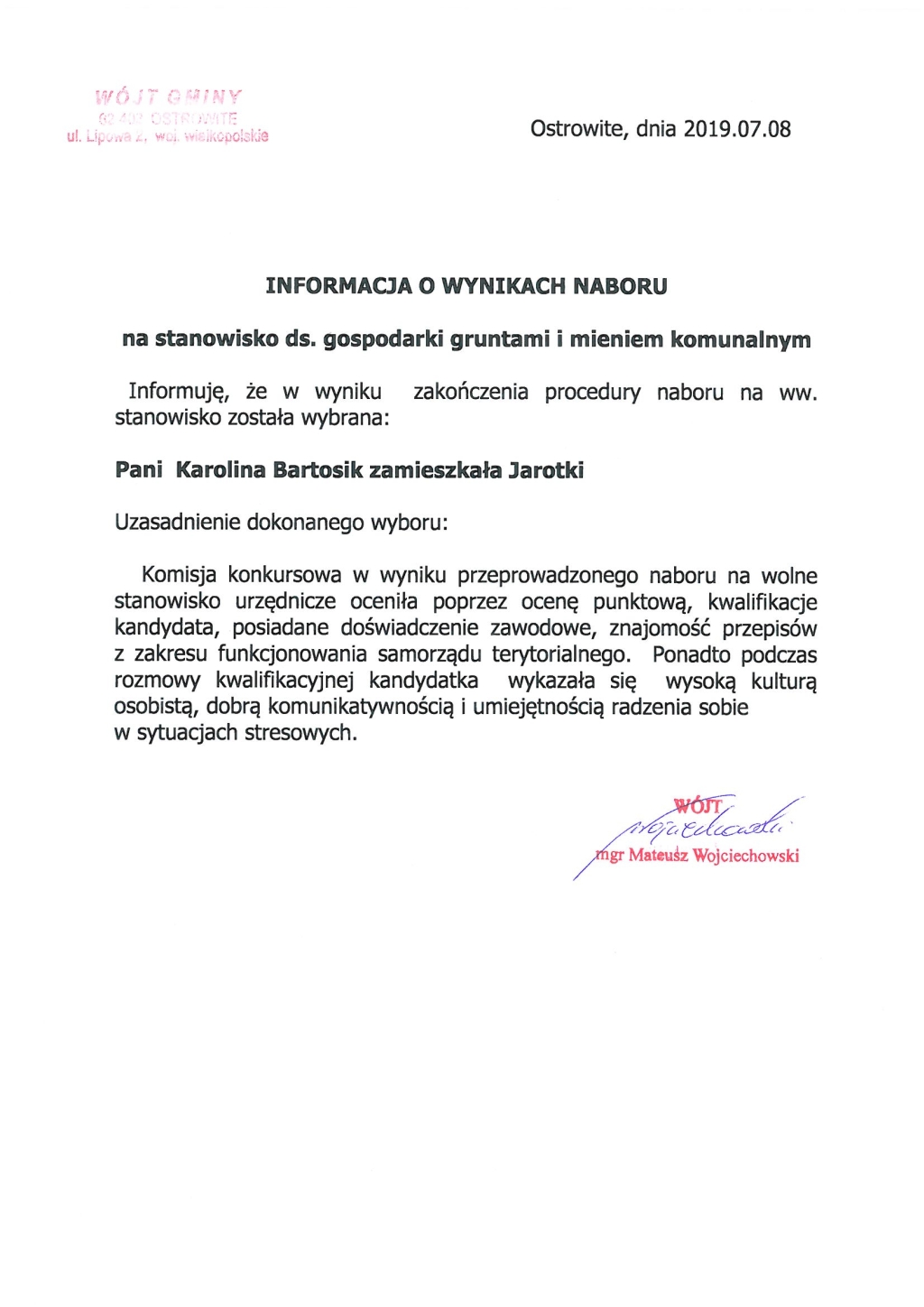 Informacja o wynikach naboru