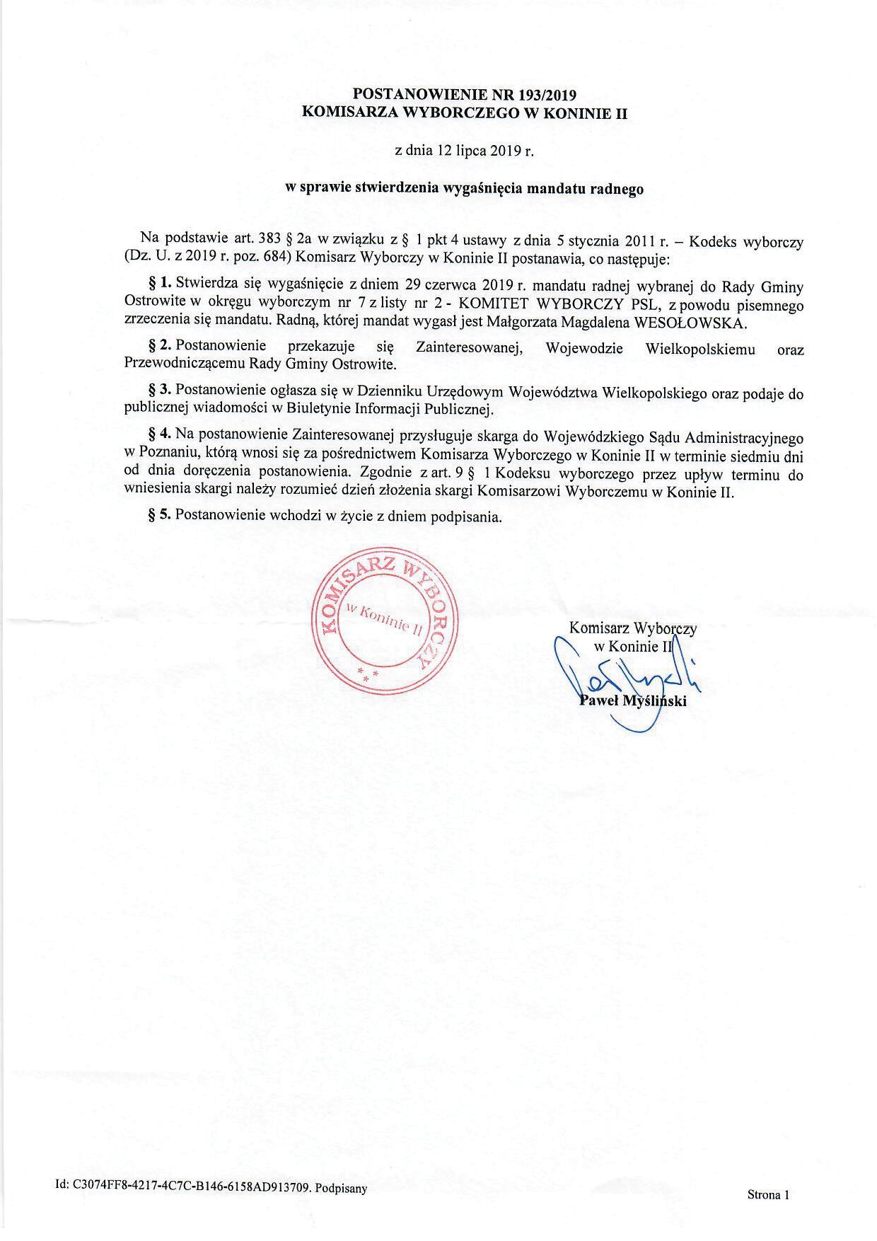 Postanowienie Komisarza Wyborczego