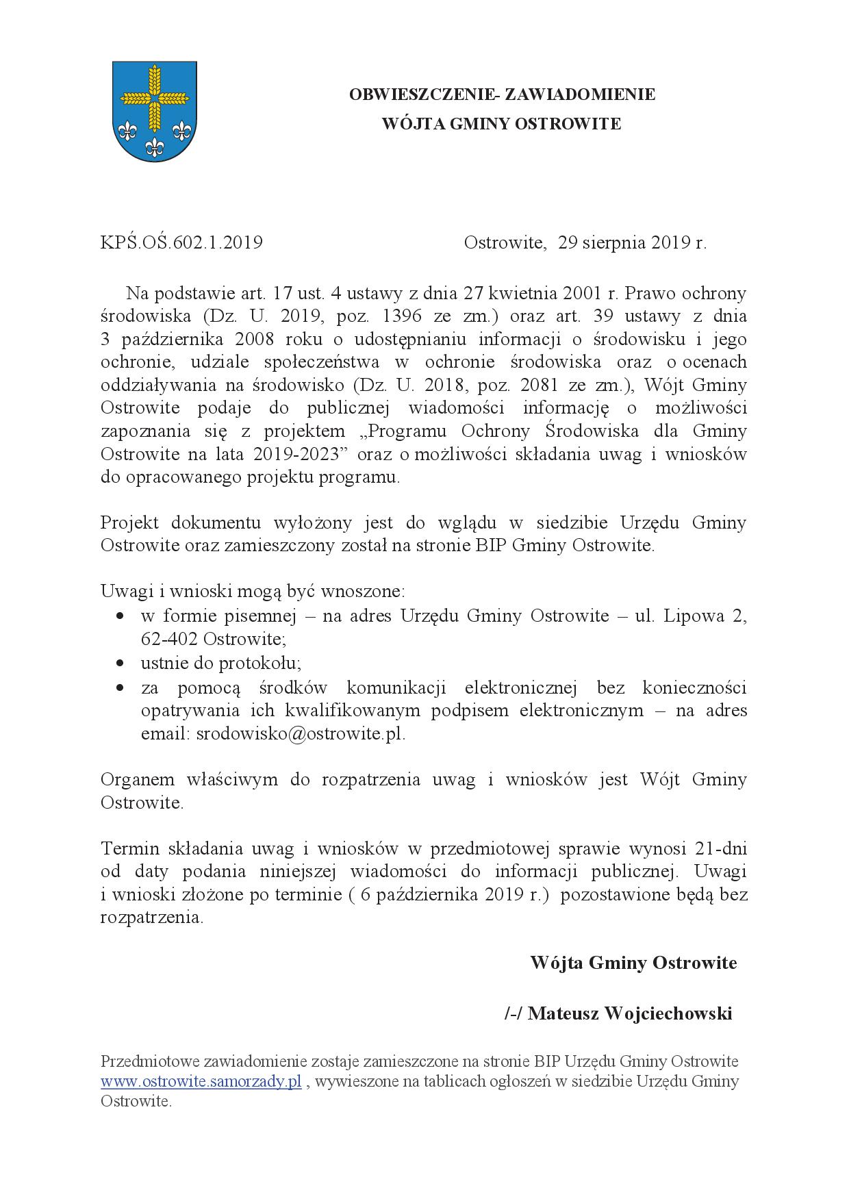 Program Ochrony Środowiska dla Gminy Ostrowite na lata 2019-2023