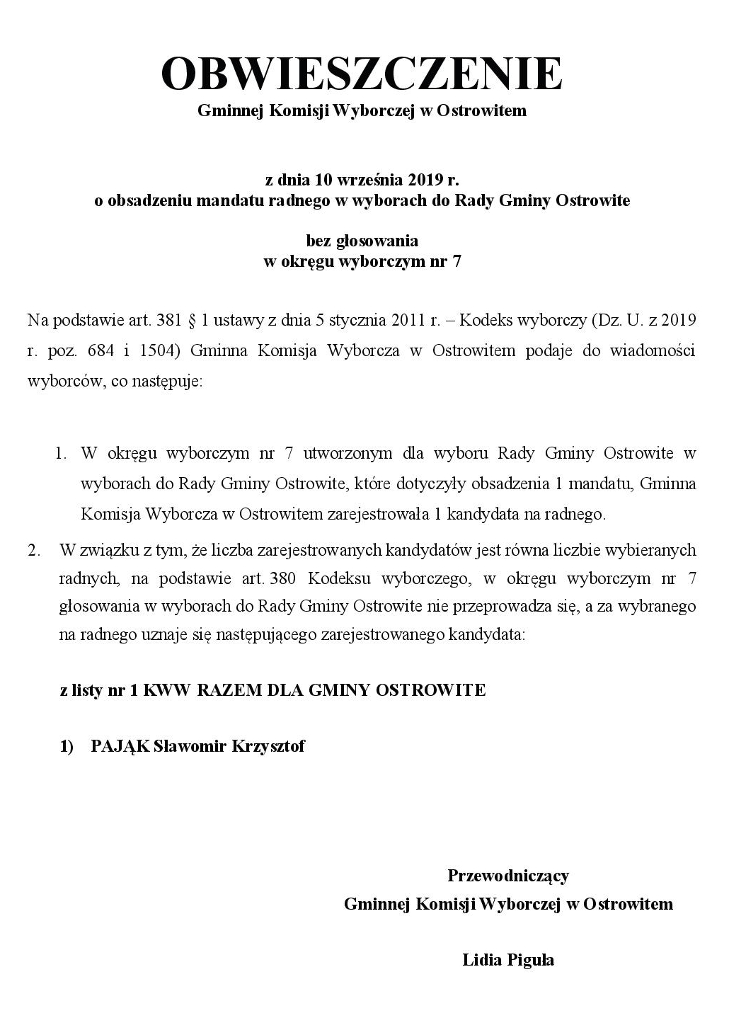 Obsadzenie mandatu bez głosowania
