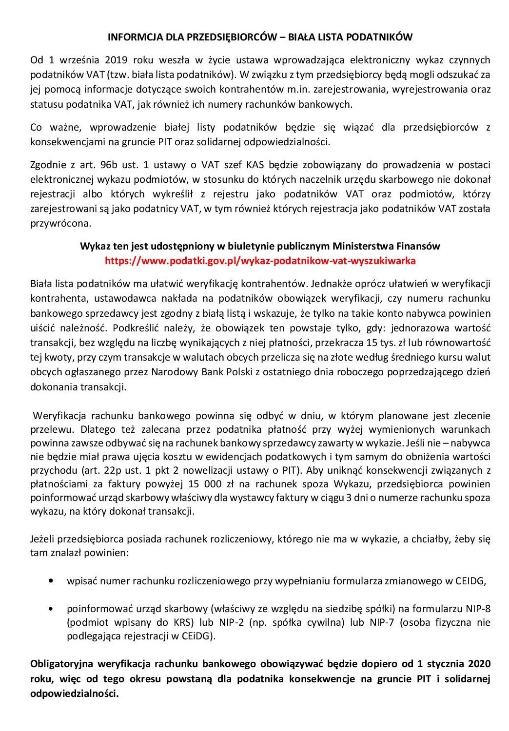 Informacja dla przedsiębiorców
