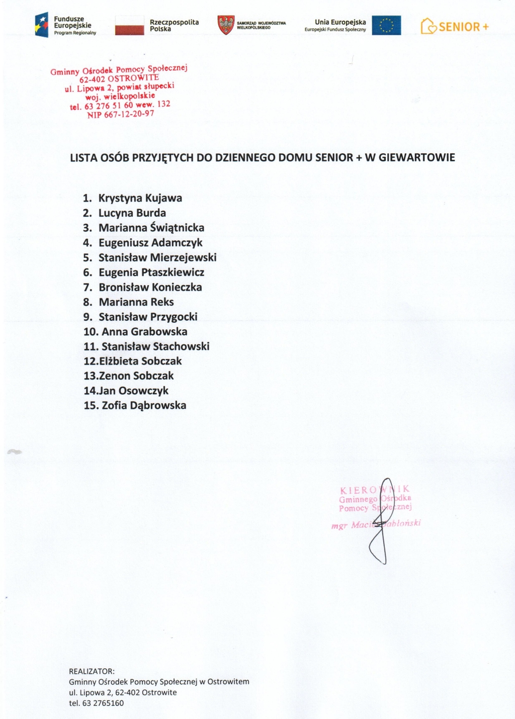 Lista osób przyjętych do Dziennego Domu Seniora