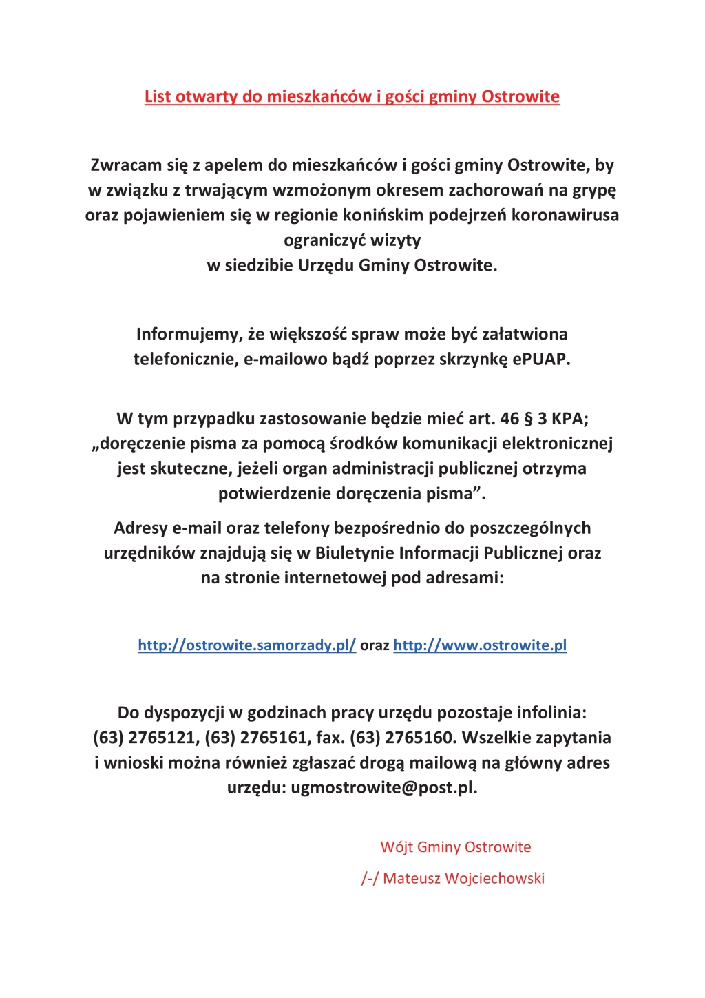 List otwarty do mieszkańców gminy Ostrowite