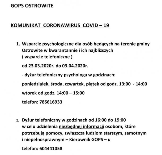 Koronawirus - komunikat GOPS Ostrowite