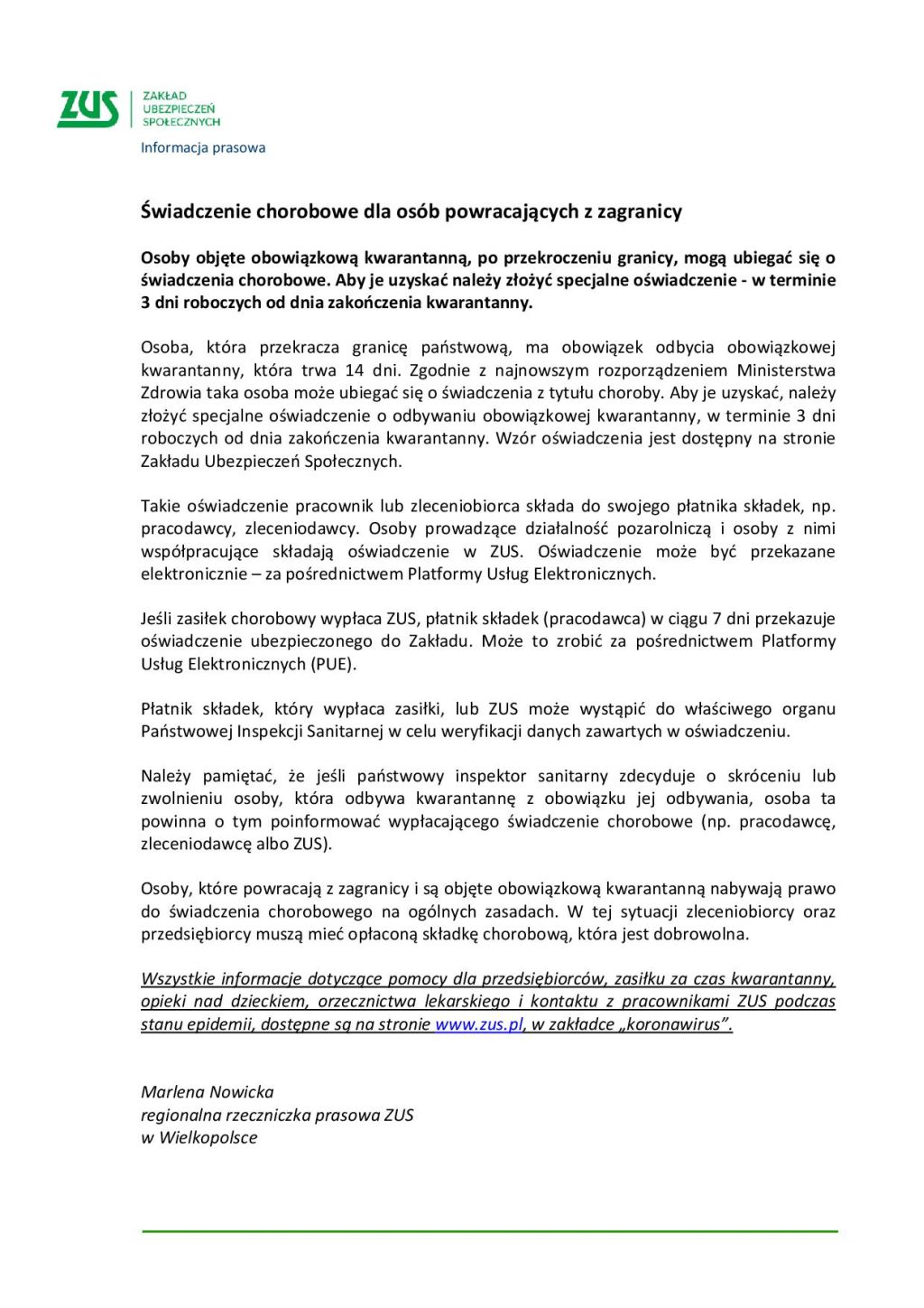 Świadczenie chorobowe dla osób powracających z zagranicy