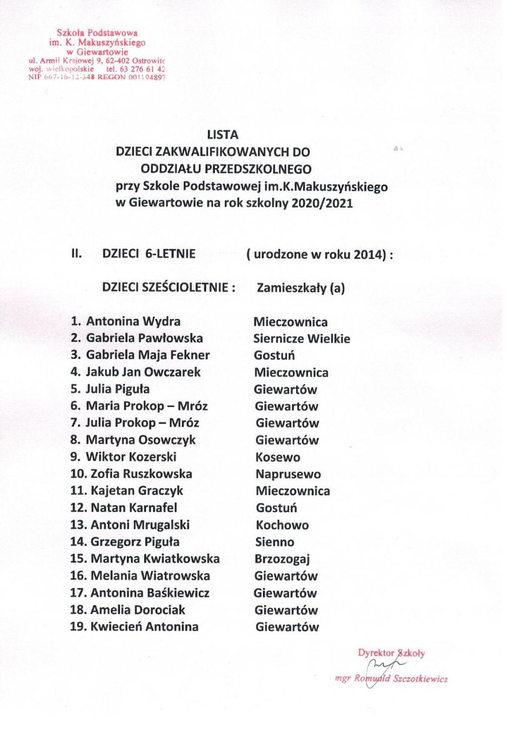 Lista dzieci zakwalifikowanych do oddziału przedszkolnego w Giewartowie