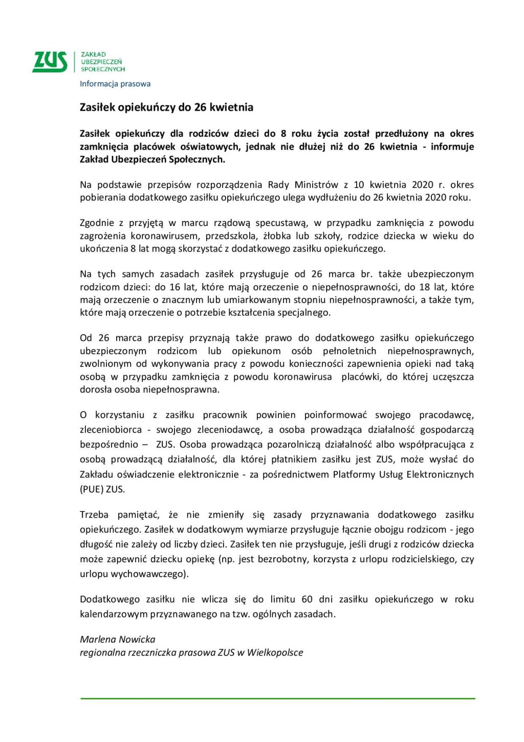 Zasiłek opiekuńczy do 26 kwietnia