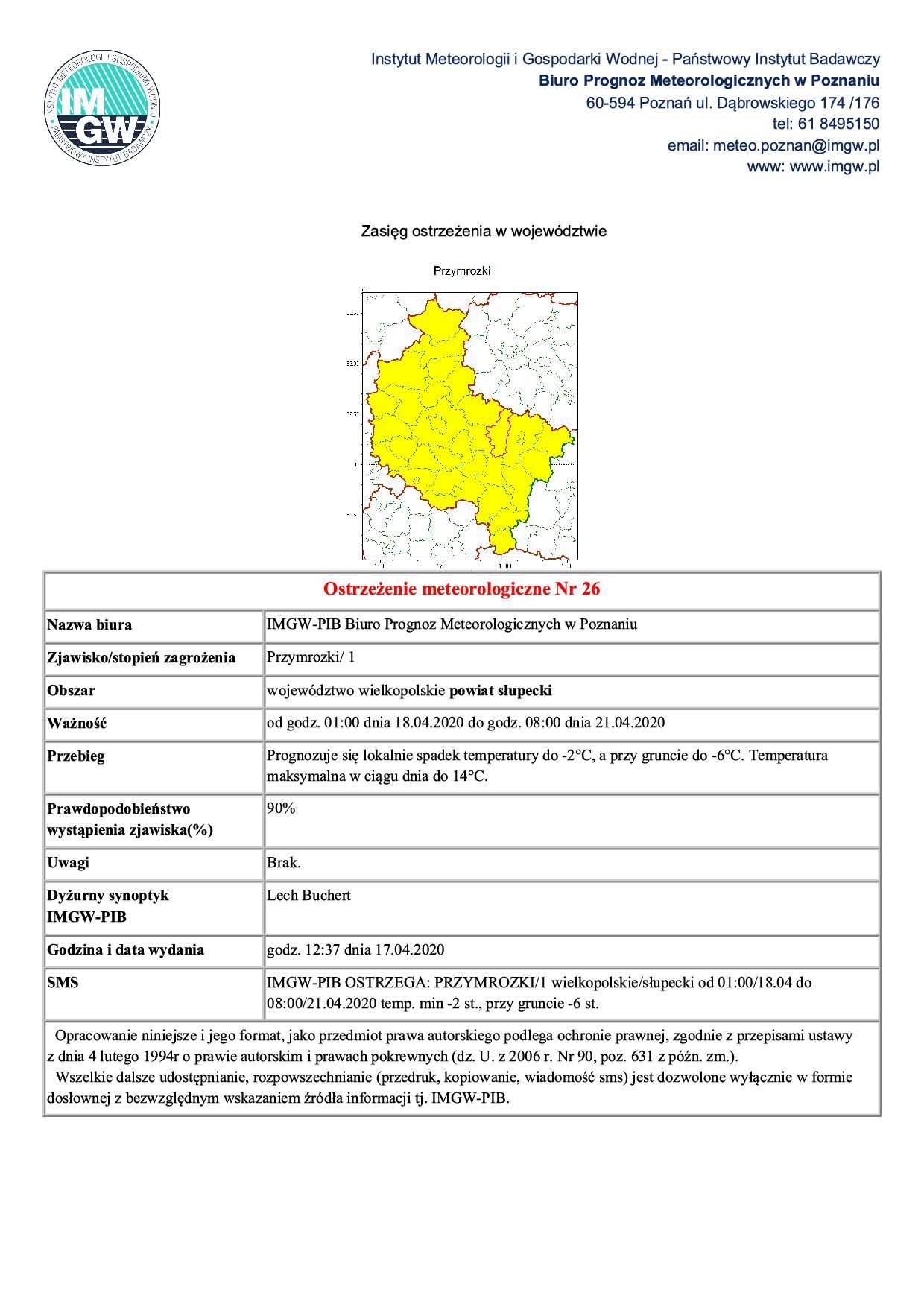 Ostrzeżenie meteorologiczne - przymrozki