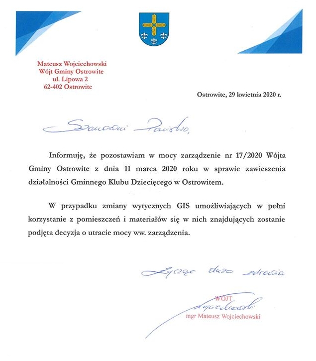 Gminny Klub Dziecięcy w Ostrowitem - informacja dla rodziców