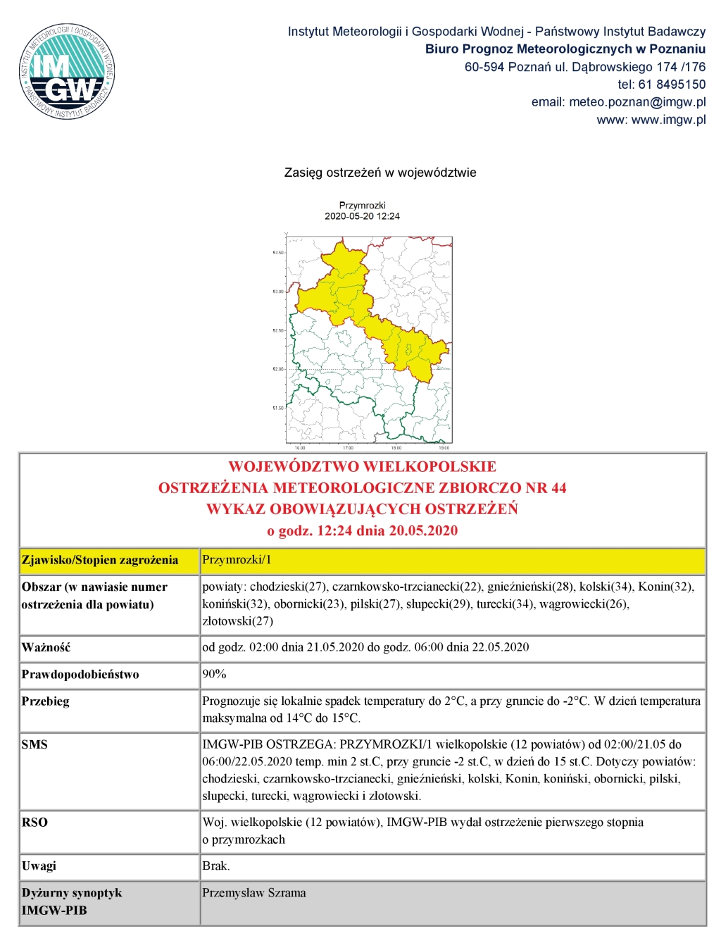 Ostrzeżenie meteorologiczne - przymrozki