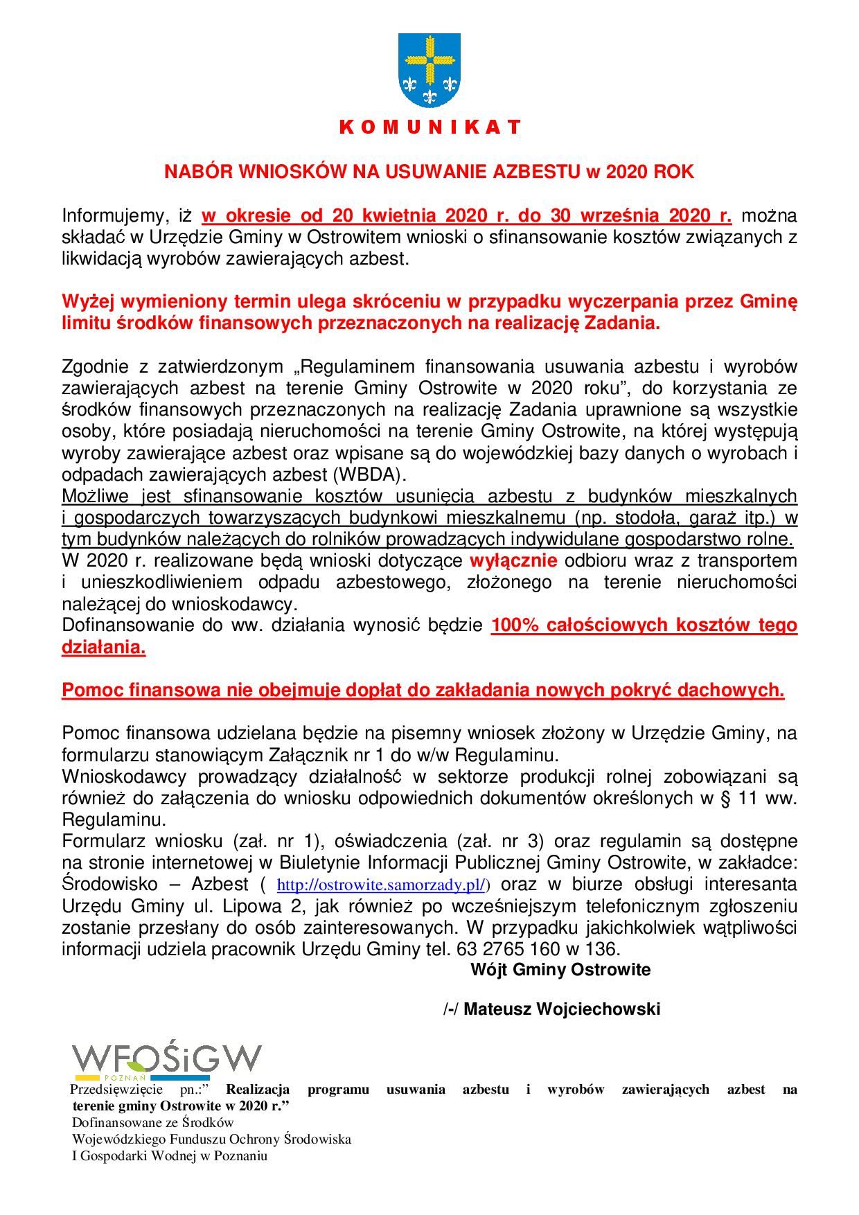 Nabór wniosków na usuwanie azbestu w 2020 roku