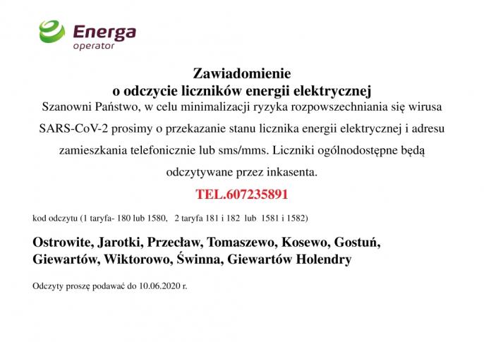Informacja o odczycie liczników