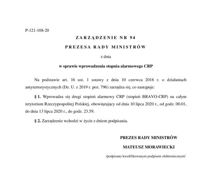 Zarządzenie Prezesa Rady Ministrów w sprawie wprowadzenia stopnia alarmowego CRP