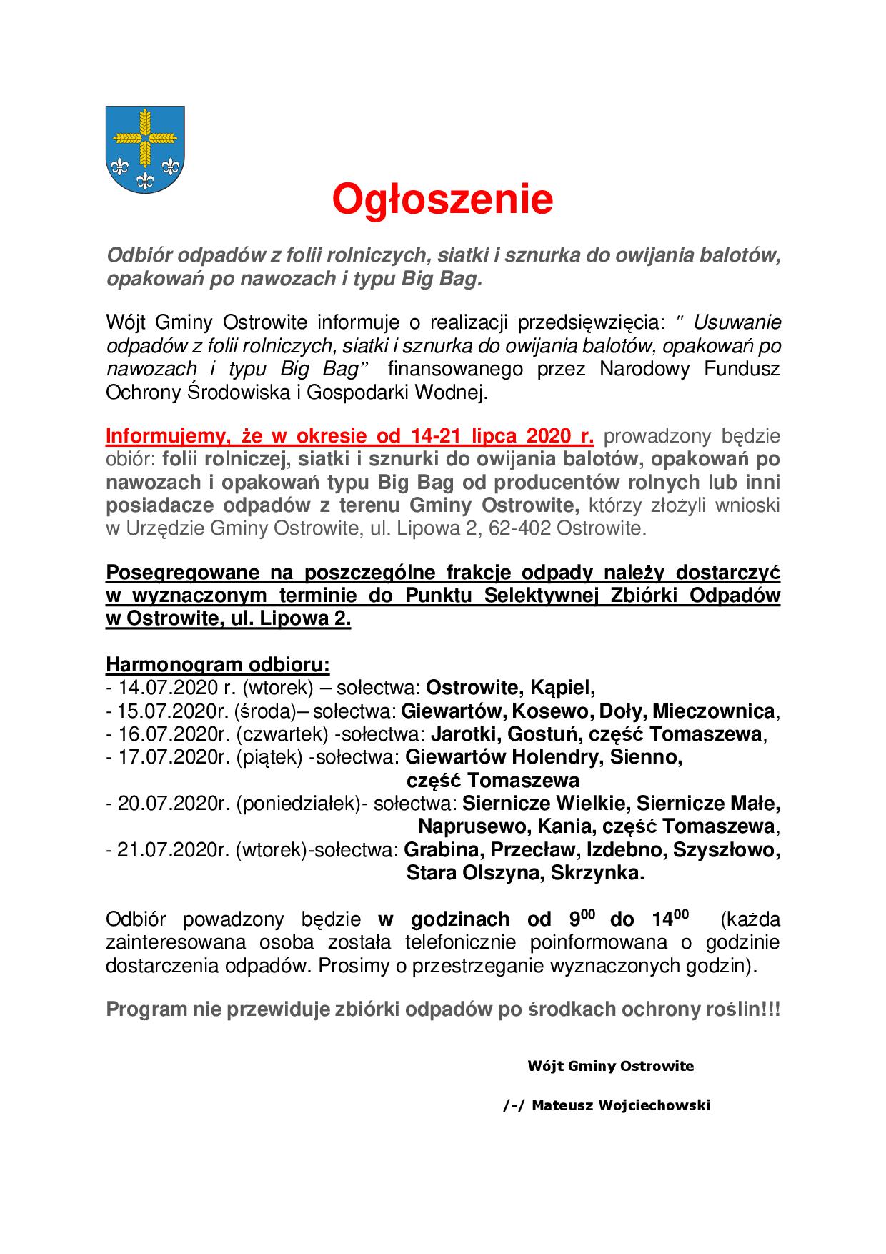 Odbiór odpadów z folii rolniczych, siatki i sznurka do owijania balotów, opakowań po nawozach i typu Big Bag