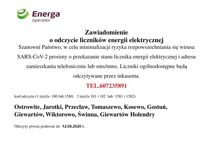 Informacja o odczycie liczników