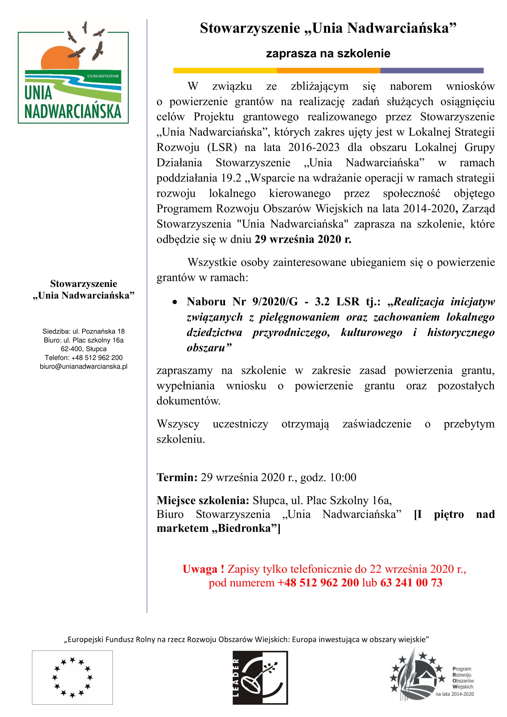 Stowarzyszenie ″Unia Nadwarciańska″ zaprasza na szkolenie 29 września 2020 r.