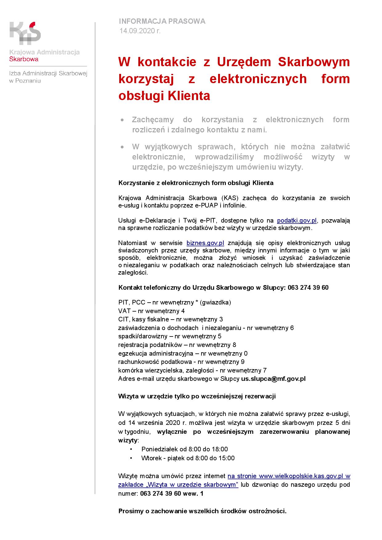 Zmiany w sposobie obsługi klienta w Urzędzie Skarbowym w Słupcy począwszy od 14 września 2020 r.