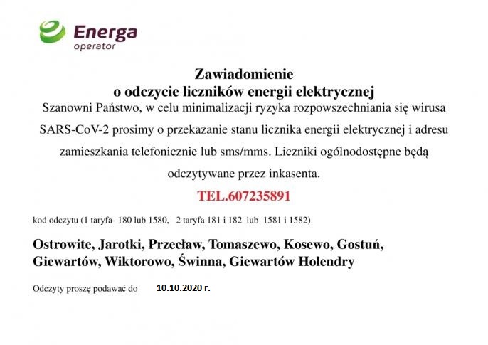 Informacja o odczycie liczników