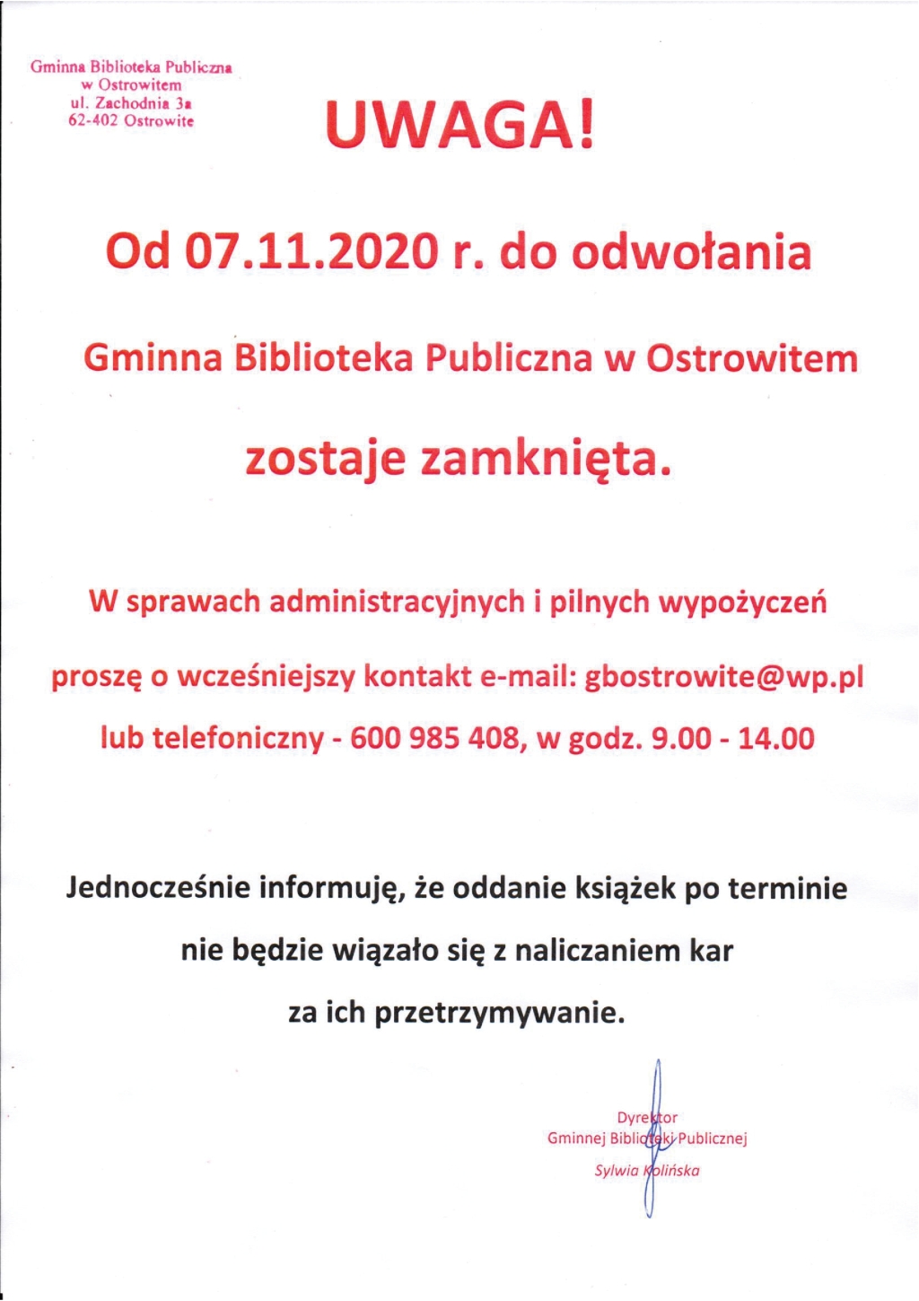 Biblioteka będzie zamknięta do odwołania