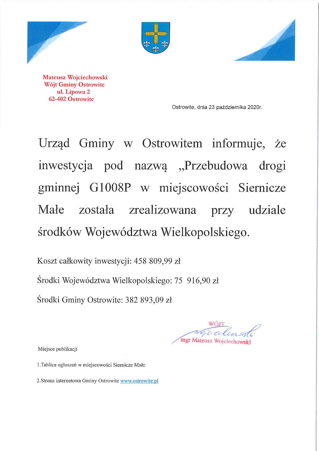 Przebudowa drogi gminnej G1008P w miejscowości Siernicze Małe - informacja