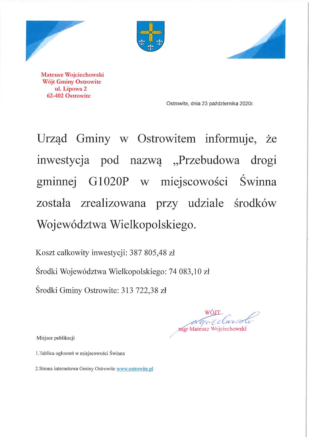 Przebudowa drogi gminnej G1020P w miejscowości Świnna - informacja