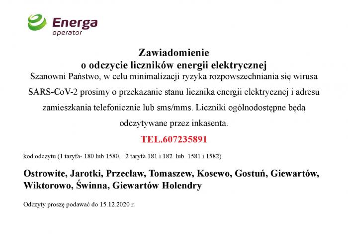 Informacja o odczycie  liczników energii elektrycznej