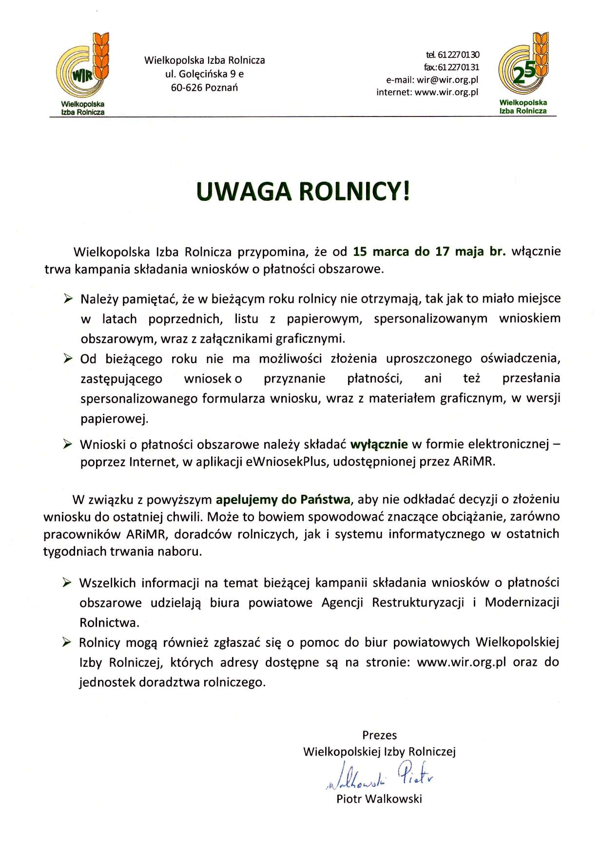 Apel Wielkopolskiej Izby Rolniczej w sprawie składania wniosków o płatności obszarowe