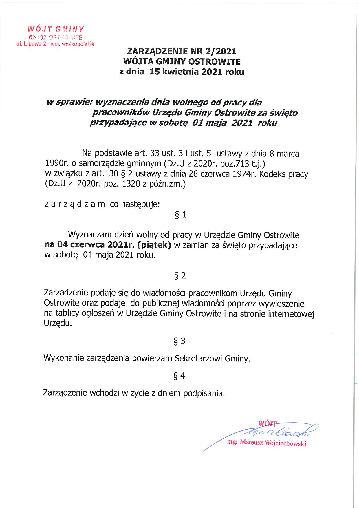 zarządzenie wójta nr 2/2021