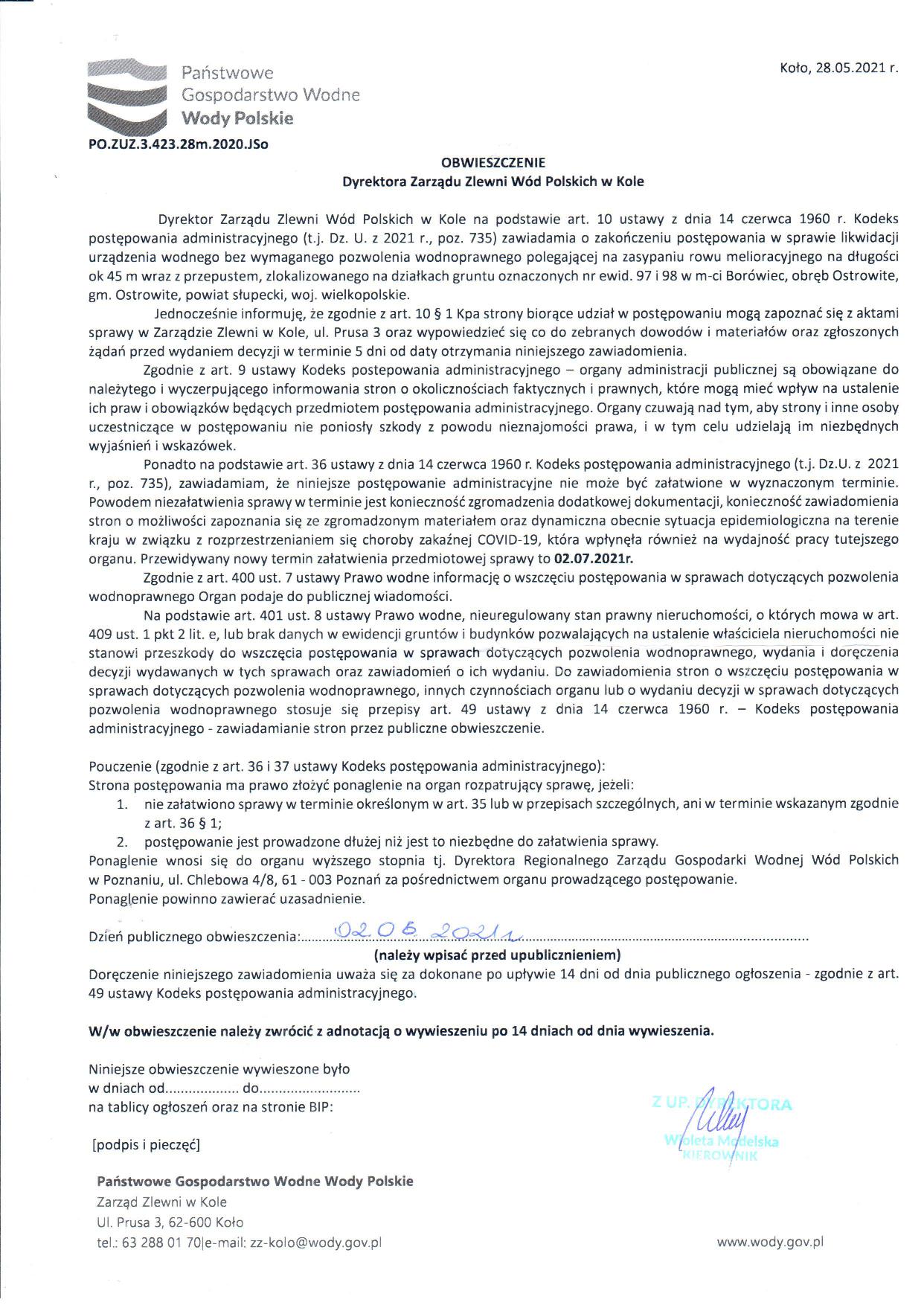 Obwieszczenie Dyrektora Zarządu Zlewni Wód Polskich w Kole
