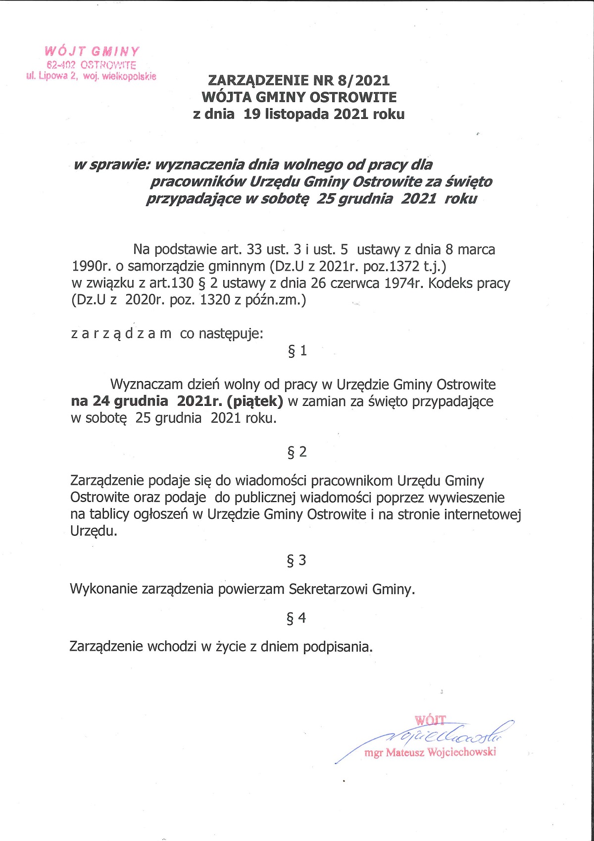 dzień wolny od pracy 24 grudnia 2021 r.