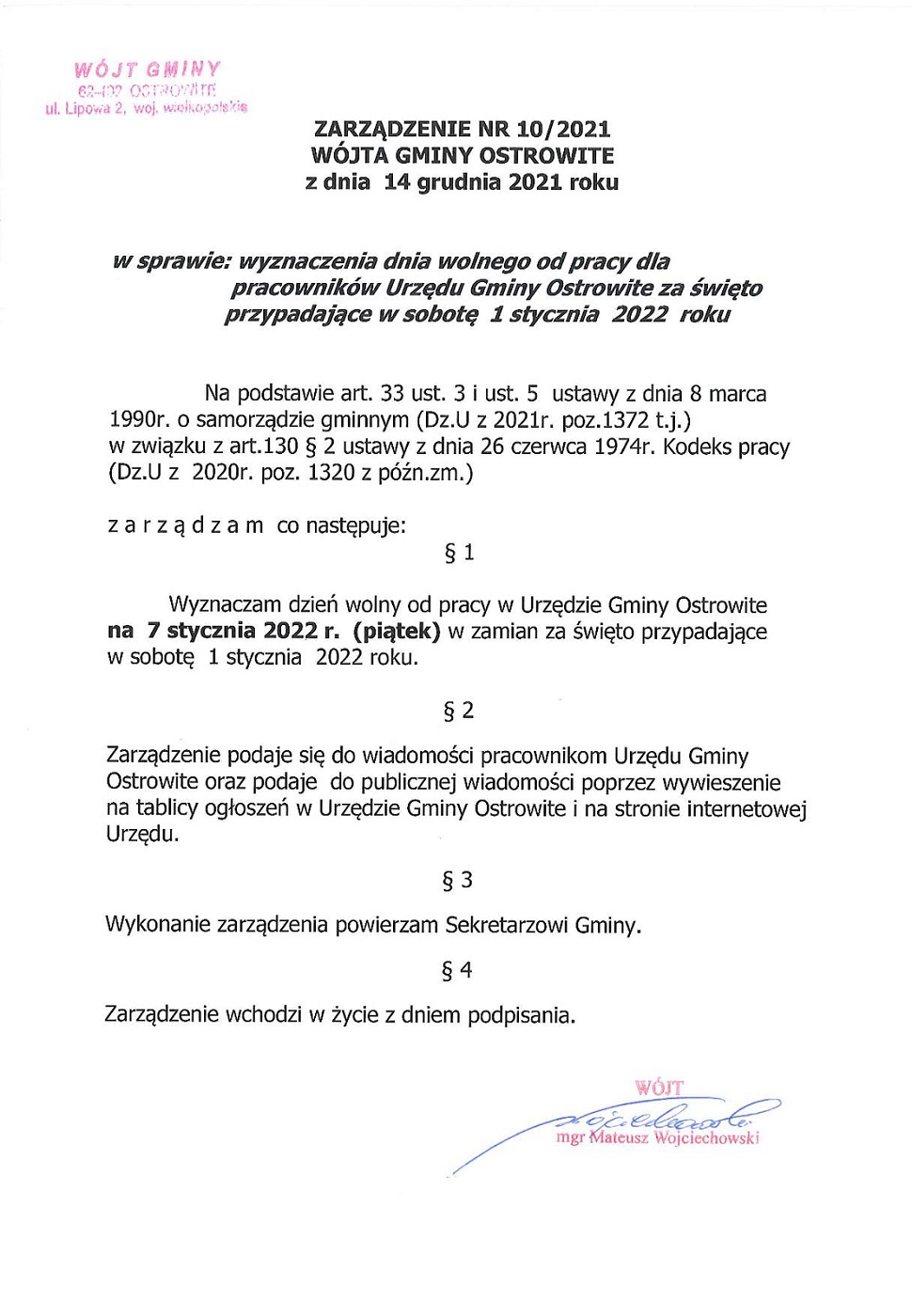 Dnia 07 stycznia 2022 r. (tj. piątek) Urząd Gminy Ostrowite będzie nieczynny