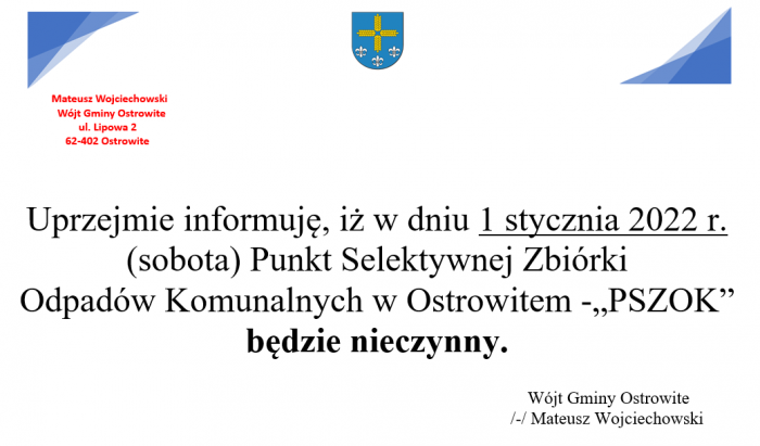1 stycznia 2022 r. PSZOK będzie nieczynny