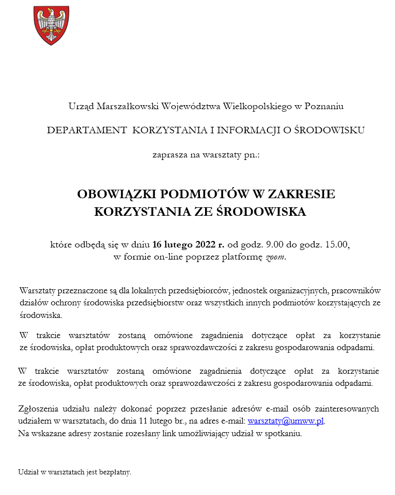 Warsztaty pn. OBOWIĄZKI PODMIOTÓW W ZAKRESIE  KORZYSTANIA ZE ŚRODOWISKA