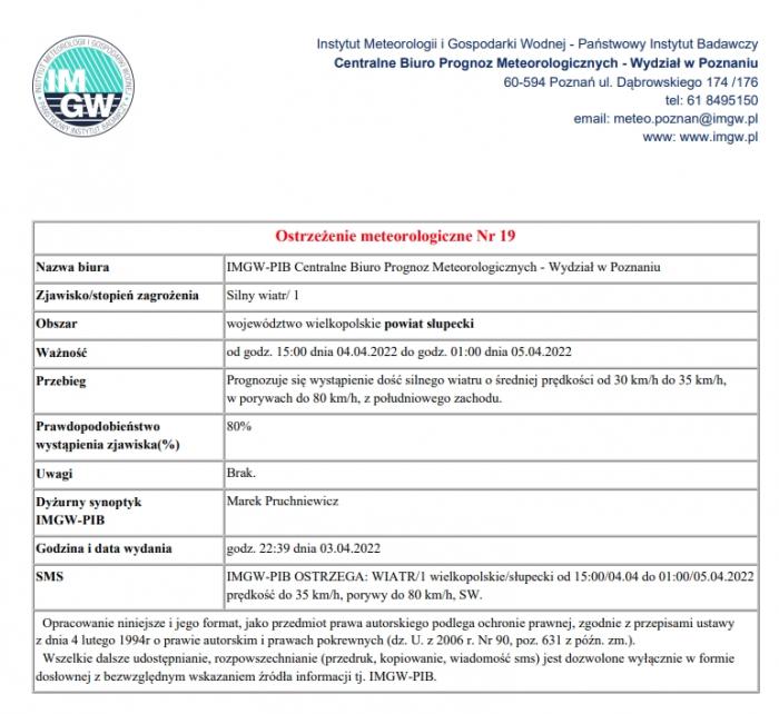Ostrzeżenie meteorologiczne - silny wiatr