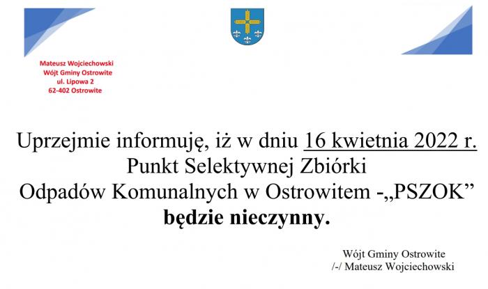 16 kwietnia PSZOK nieczynny