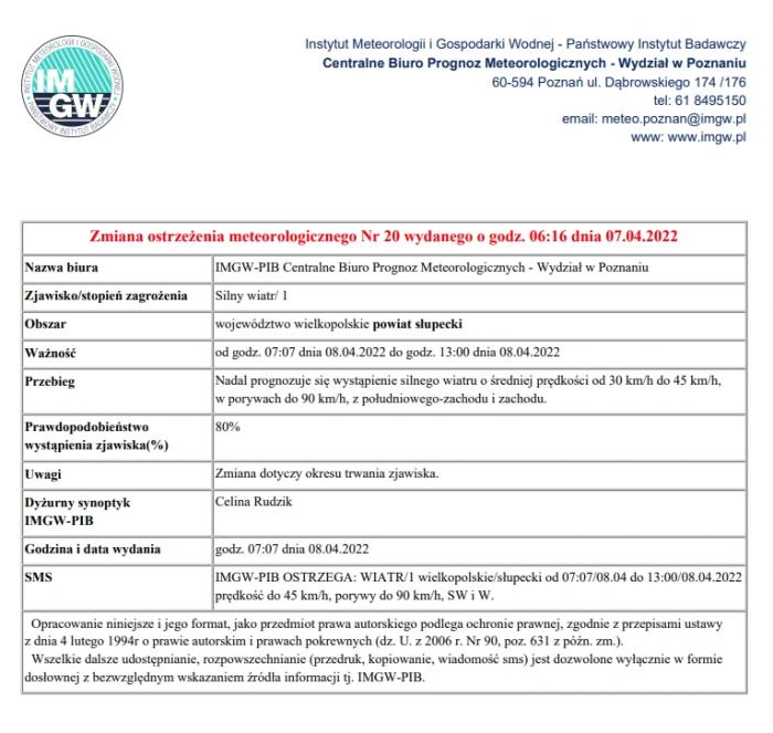 Ostrzeżenie meteorologiczne - silny wiatr