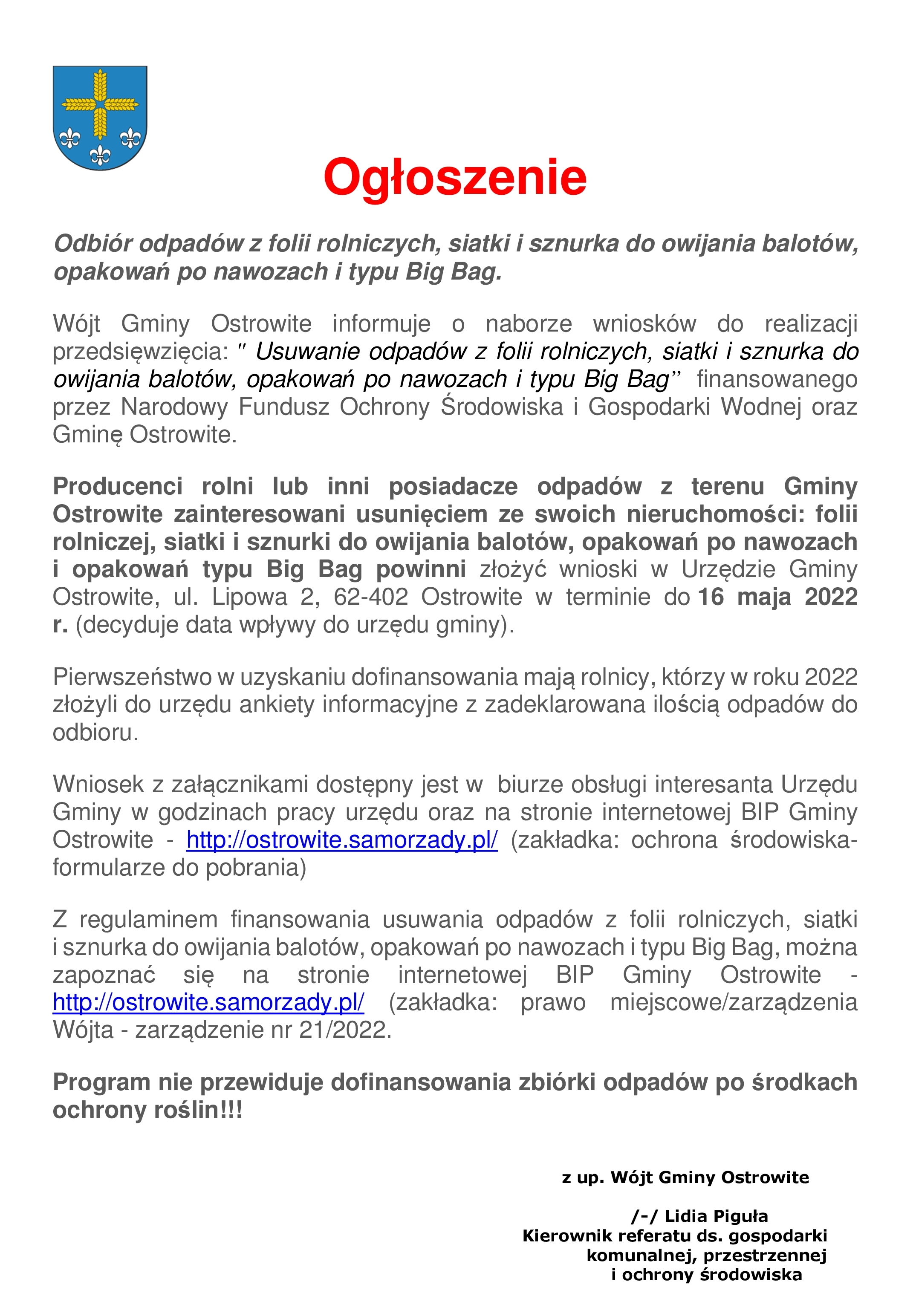 Odbiór odpadów z folii rolniczych, siatki i sznurka do owijania balotów, opakowań po nawozach i typu Big Bag