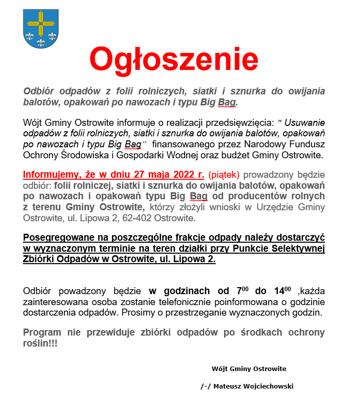 ogłoszenie - Odbiór odpadów z folii rolniczych, siatki i sznurka do owijania balotów, opakowań po nawozach i typu Big Bag