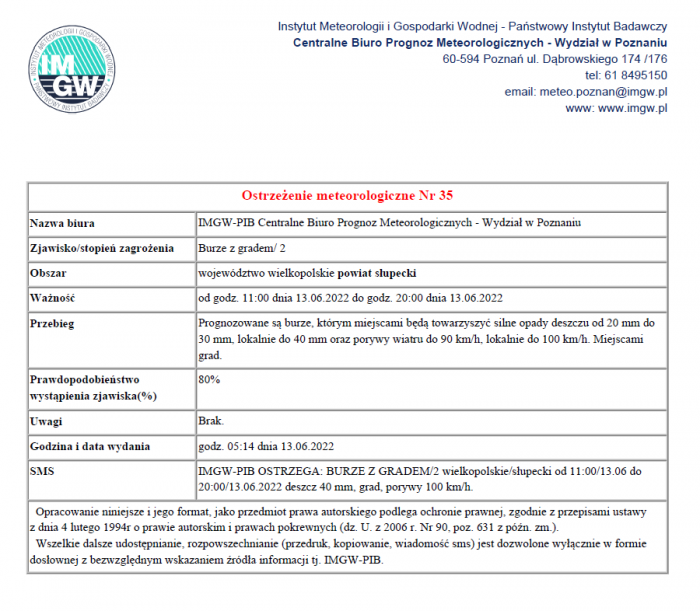 Ostrzeżenie meteorologiczne - burze z gradem